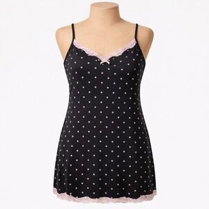 Coquette Polka Dot Stretch Slip Dress Size XL Black Pink Lace Dark Romantic Twee